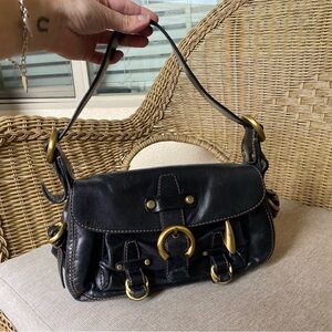 Francesco Biasia Italy Motorcycle Style Black Leather Shoulder Bag Brass Details